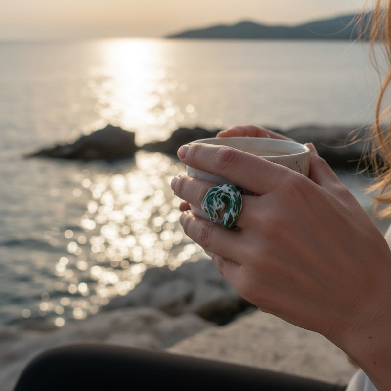 Emerald Sea Wave Ring – Handmade